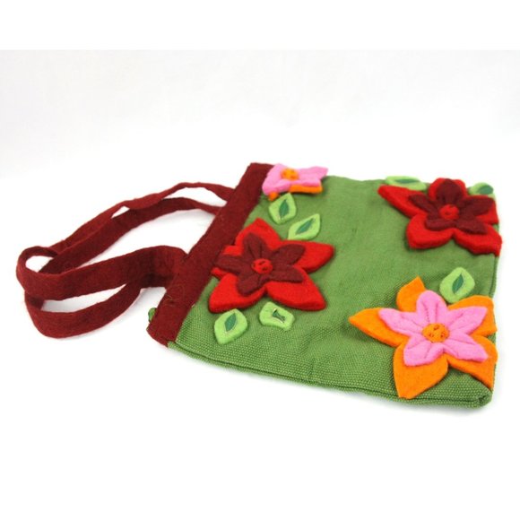 Rising Tide Felt Flowers Canvas Purse Handbag Shoulder Bag Small Tote Green - Picture 5 of 7